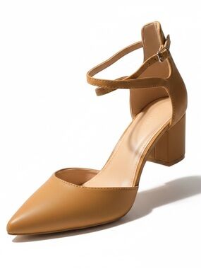 Women’s Tan Block Heel Pointed-Toe Ankle Strap Pump